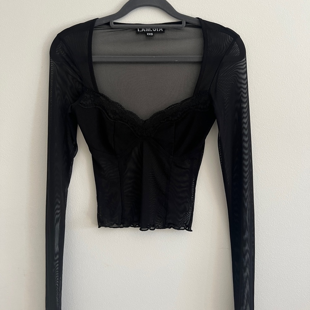 I Am Gia Sheer Black Lace Trim Top
